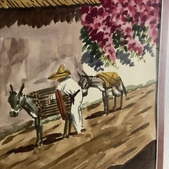 2 Framed Watercolors Signed Mexico Cruz #1 Man Woman 2 Donkey Pink Flowers