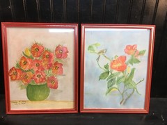 VTG Pair Water Color Picture Poppy Flowers By Frances Faint 1985 Frame 11.5×15