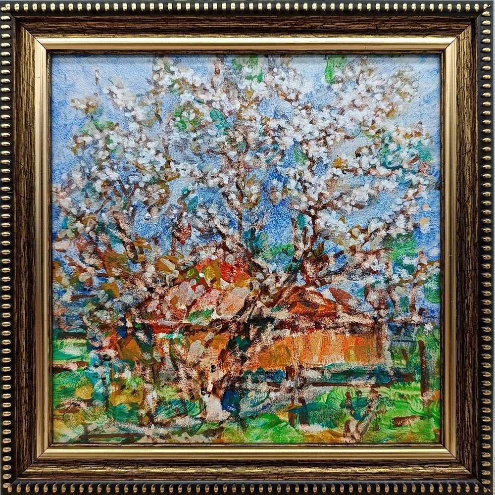 Blossom Tree Original Oil Painting 6×6 Framed Signed Spring Landscape Cottage