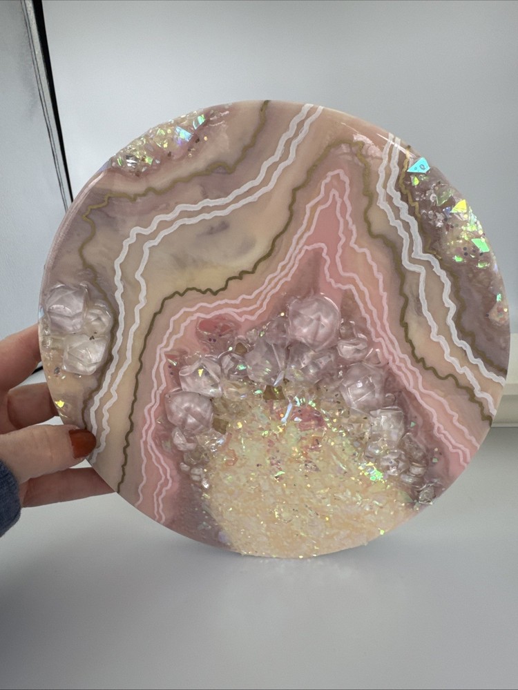 Resin Geode Wall Art 8” Round Geode Inspired Epoxy In Pinks White Gold