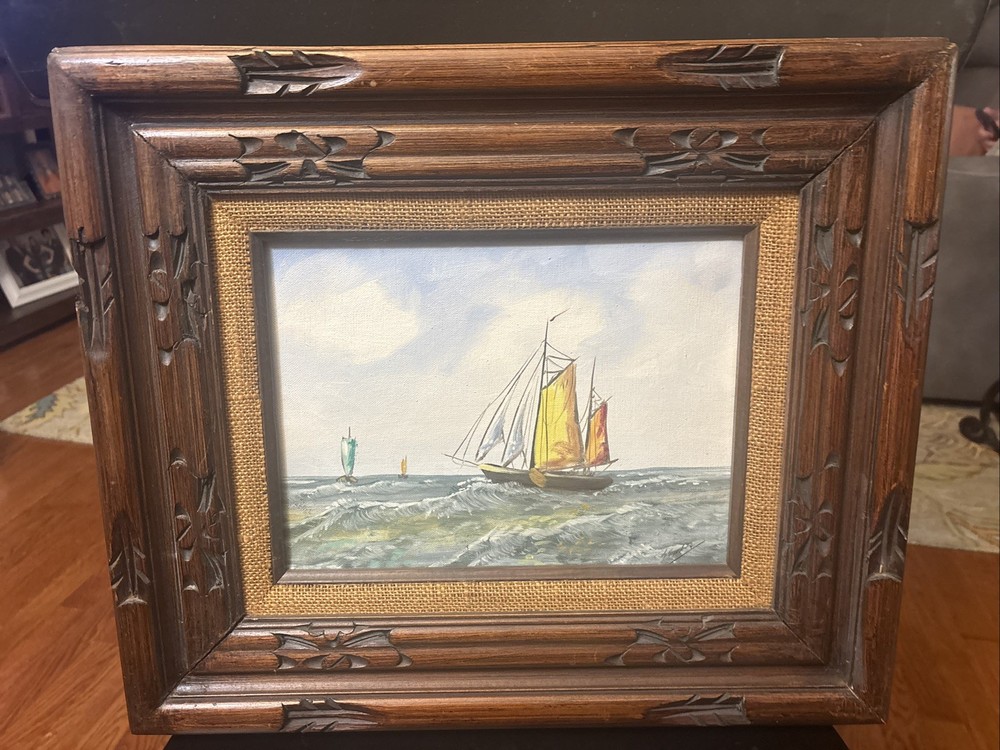 Vtg 9×12 Oil Painting Colorful Seascape Sailboat Lighthouse Nautical Framed Sign