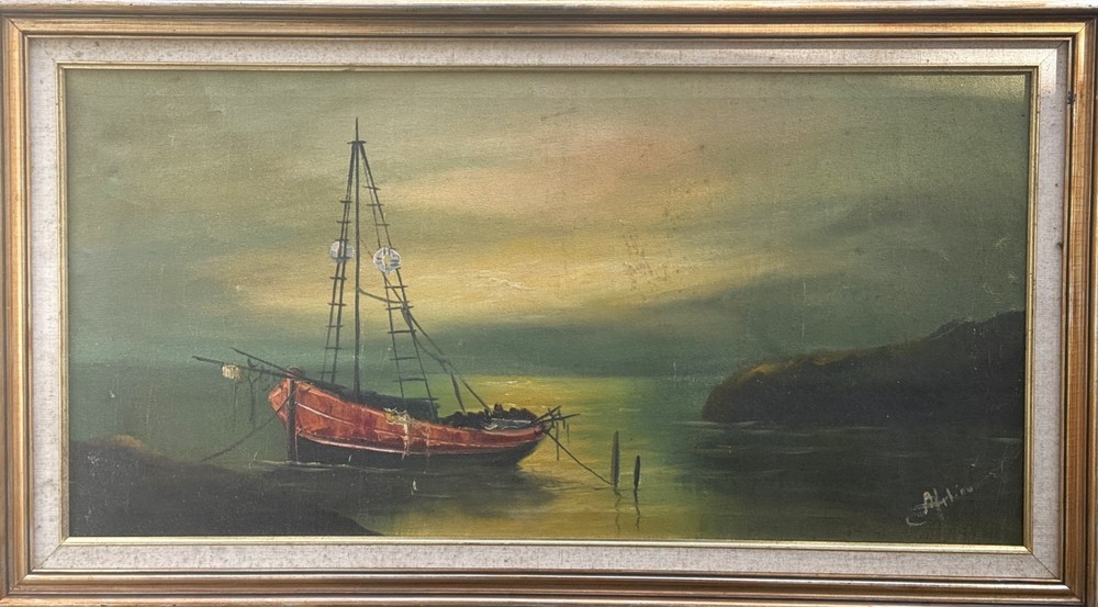 VTG Mid-20th C Orig. European School Nautical O/C „Sunset Harbor Scene“, Signed!