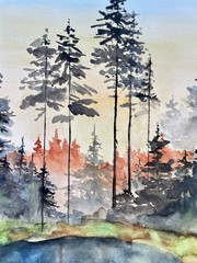 12×18 Abstract Landscape Watercolor. Sun, Sky, Water, Trees w Black, Blue, Orang
