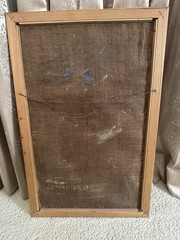 Wooden Mallard Ducks Flying Over Pond Framed Painting on Burlap Signed 26.5”x17”