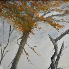 Vintage Original Impressionist Landscape Oil on Canvas „Autumn By the Lake“