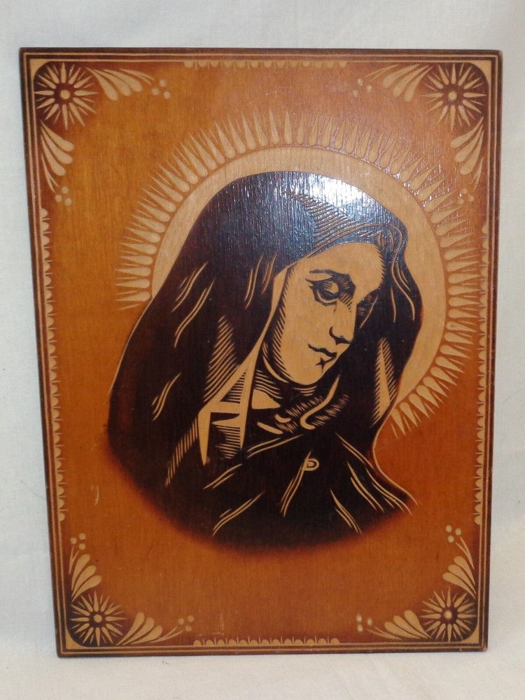Virgin Mary Vtg Wood Block Picture Our Lady Christian Icon Religion Painting