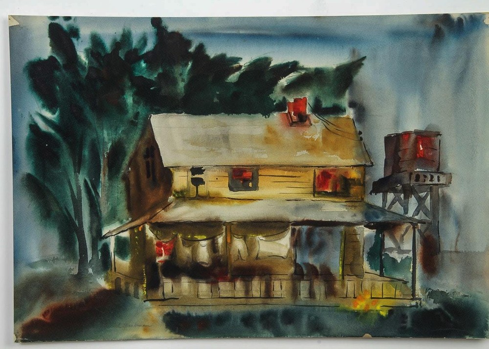 MCM 1959 CALIFORNIA WATERCOLOR MODERNIST PAINTING Muriel Backman FARMHOUSE