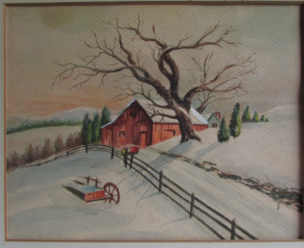snow scene with barn initialed F D landscape American mid-century impressionist