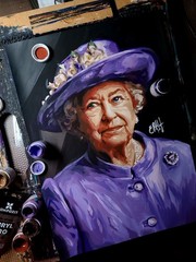 portrait of Queen Elizabeth II, paper, acrylic, handmade
