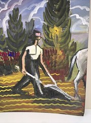 American Modernism/Expressionism Painting of Farmer Plowing Field Landscape