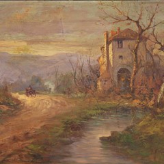 Painting landscape signed Italian artwork bucolic oil on board 20th century 900