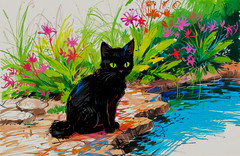ACEO Mini *Art Print* Black Cat Baby Kitten Water Pond Garden Flowers – Saulite