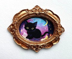 Black Cat Halloween Framed Miniature Mini ART PRINT Gold Frame NOT ACEO