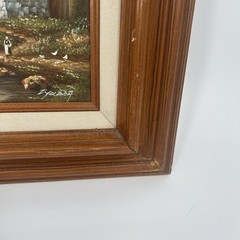 Vintage Folk Art Oil On Canvas Painting Wooden Frame Linen Lined Rustic Cabin