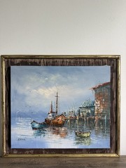 Vintage MCM Oil Painting Signed CRANE Harbor Fishing Boats Nautical Framed Art