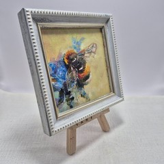 An original, autographed painting in a frame. Bumblebee, 4×4 inches