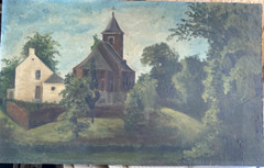 Oil painting landscape church on a hill village parsonage cemetery antique