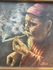 Vintage Portrait Oil Painting Signed Asian Man smoking Japanese Chinese