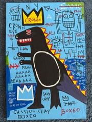 BASQUIAT drawing and painting on old wood signed stamped vintage