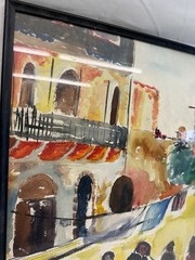 Original Watercolor Painting Children Village Street Scene Signed OHS Framed 23x