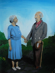Vtg ‚ELDERLY COUPLE‘ PORTRAIT Acrylic Painting On Board Signed Framed 20″ x 16″