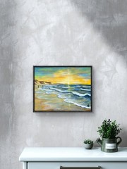 Original Hand Painted 11×14 Ocean Wall Art Blue Golden Acrylic Canvas Signed