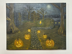 Oil on Canvas- Original Signed Canvas Painting Halloween Pumpkins Cabin Forest