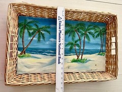 Vintage ORIGINAL Coastal Beach Palms Large Tropical Tray Board Painting SIGNED
