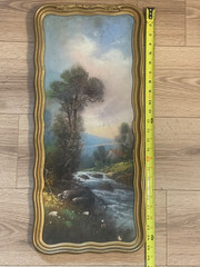 Vintage Mixed Media Landscape Painting River Cottage Scene Framed Board