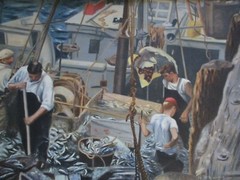 Antique Painting Fisherman Workers Industrial Regionalism Wpa Style Nautical Oil