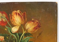 Ludwig Deffner 15×19 Antique Oil Painting Detailed Still Life Flowers in Vase