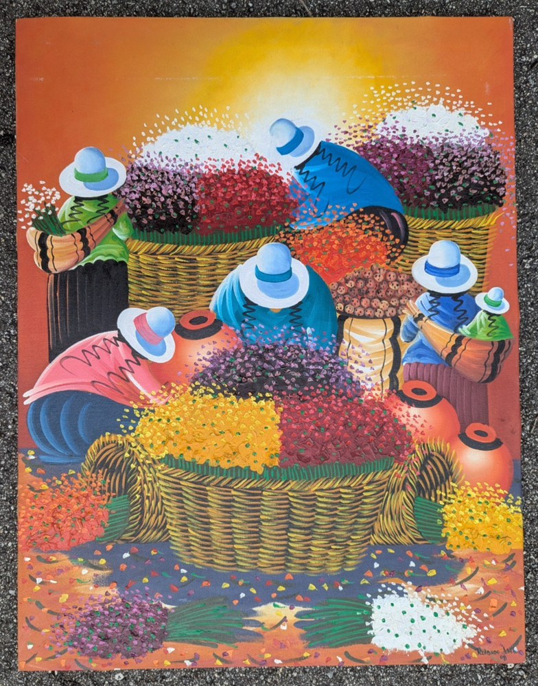 Peruvian Colorful Painting Women in Flower Field Picking Flowers 27X35 Signed