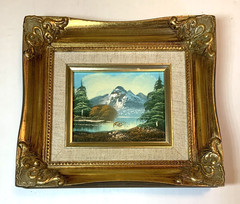 Vtg Wooded Landscape Oil Painting Ornate Gold Frame Linen Mat Mountains Lake 8X9