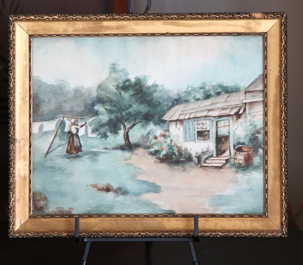 Stunning original very old watercolor, original frame, nails and 1916 newspaper