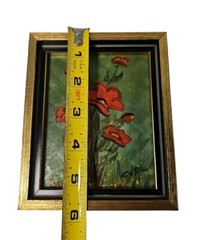 1970’s Oil Painting Red Poppies Flowers Still Life~Minature 4.5″ x 5.5″~Signed