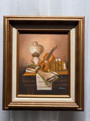 Vintage Still Life Oil Painting Violin Books Lamp Signed A Warner Framed 8 x 10