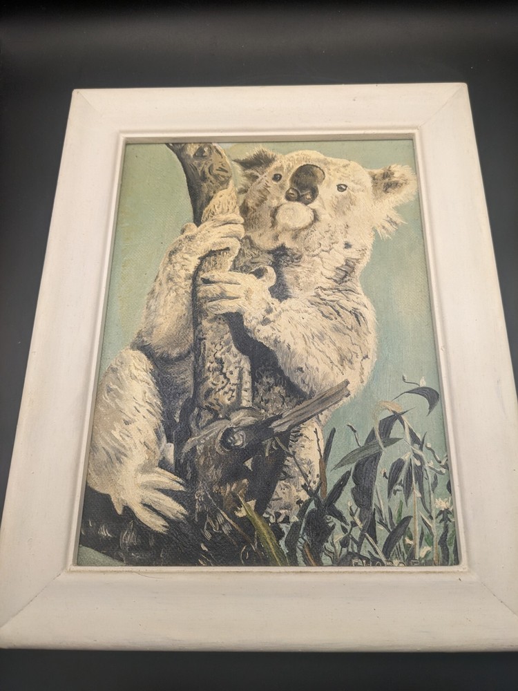 Vintage Artist Signed Oil Painting Koala Bear On Tree Framed 9.5×7.5″