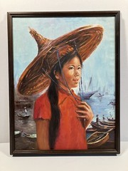 Vintage Chinese Asian Painting Woman or Girl in Red Shirt Framed after Mai Ming