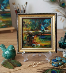 Original Bird Painting Signed 4×4 Gold Inset Frame Bluebird Forest Stream Gift
