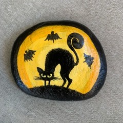 Black Cat & Bats Moon Hand Painted River Rock Acrylic Paint Silhouette Halloween