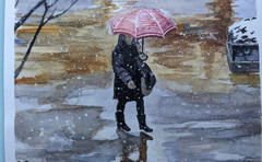 Autumn Watercolor Painting Woman with Umbrella Reflection in Rain Puddle Art