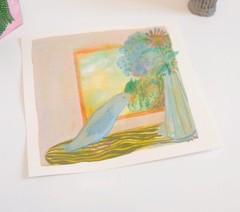 Blue Bird in a Window Gouache Flower Vase Still Life Painting Cotton Paper 6″x6″