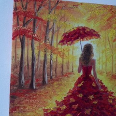 Original Oil Impressionist Portrait Painting Autumn Woman Fashion Nature Art
