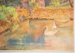 Stunning Antique Painting of English Village with Swans, Warm & Homey, Fine!