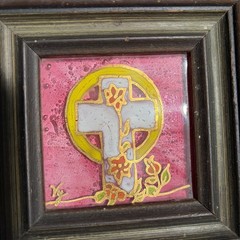 Vintage Small White Cross Art Painting Pink with Flowers Yellow Sun Signed