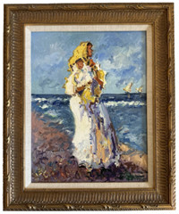 Mother and Child on Beach Oil Painting Gilt Wooden Frame 18“x15“ Spanish Style