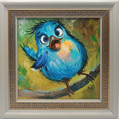 Whimsical Blue Bird Original Oil Painting Naive art Baby room decor Size 4*4 inc