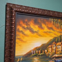 Vtg Original Painting Oil Or Acrylic On Canvas Ocean Coastal Town Village Signed