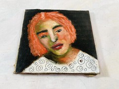 Woman Portrait Drawing Original 4×4 Quirky Weird Whimsical Cardboard Art