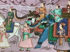 Vintage Indian Mughal Painting Procession With Elephant Framed Silk Art Picture